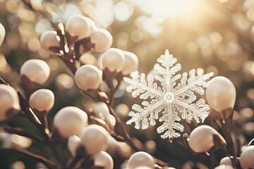 Fototapeta premium Winter snowflake on pearly berries, sunlit garden, holiday card