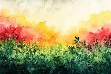 Fototapeta premium Colorful abstract watercolor landscape with vibrant hues and lush greenery at sunset