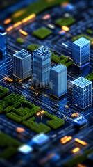 3D Digital Cityscape: Illuminated Skyscrapers and Roads at Night, Abstract Urban Background Illustration