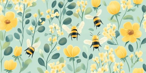 Bees are flying around beautiful yellow blooming flowers in a field