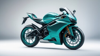 Sleek High Performance Teal Sports Bike Displayed on Light Gray Background with Chrome Accents and Dynamic Shadows