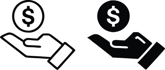 Save money icon. Money in hand, salary symbol. Flat and line icons. Vector