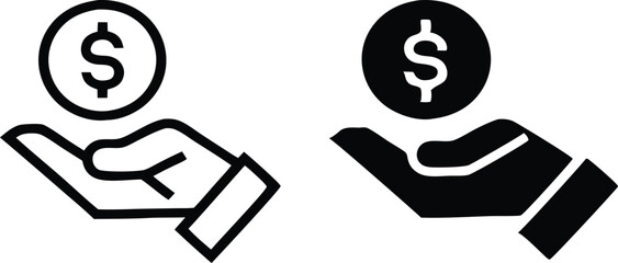 Save money icon. Money in hand, salary symbol. Flat and line icons. Vector