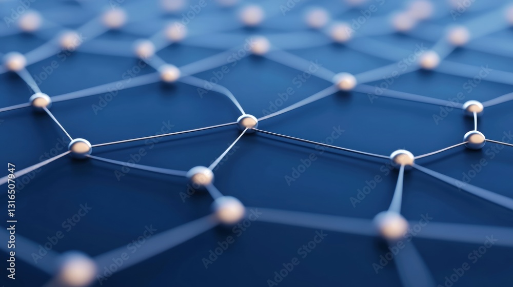 Poster a close-up view of a network of interconnected nodes and lines on a blue background, symbolizing tec