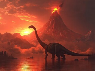 Prehistoric dinosaur by volcano sunset