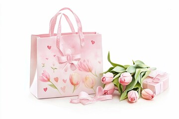 Gift bag with pink tulips and a decorative box for special occasions