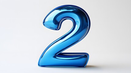 A bold, cobalt blue metallic number "2" with a smooth and glossy surface. The reflective metal surface captures surrounding light, making the number appear vibrant and dynamic. The cool, modern color