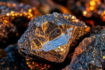 Fototapeta premium hiny mineral rock crystal gemstone glowing reflection metallic ore natural stone precious metal raw material underground cristal mineral hiny piedra preciosa reflejo brillante mineral metálico piedra