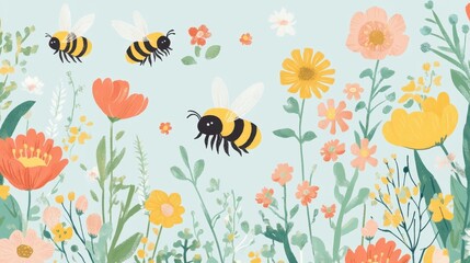 Colorful illustration featuring honeybees flying around vibrant wildflowers and plants