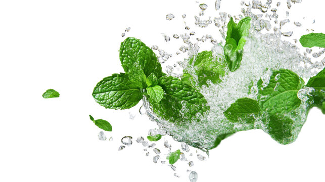 A fresh burst of mint leaves falling into water, isolated on transparent background, with water droplets captured mid-motion.