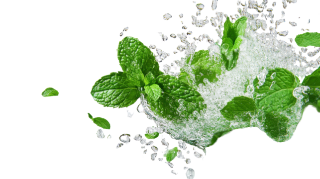A fresh burst of mint leaves falling into water, isolated on transparent background, with water droplets captured mid-motion. - Powered by Adobe