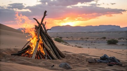 Cozy Campfire in Scenic Desert at Sunset
