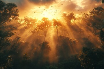 Fototapeta premium Golden sunlight beams through a dense forest, creating a serene atmosphere at dawn