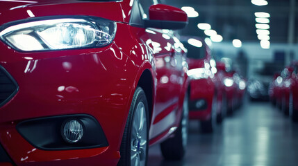 A dramatic close-up of red cars in a showroom, highlighting sleek designs and reflections under bright lights.