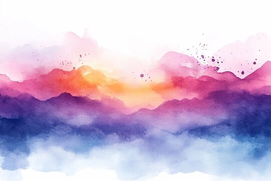 Beautiful watercolor abstract depicting a vibrant sunset over mountains in soft hues