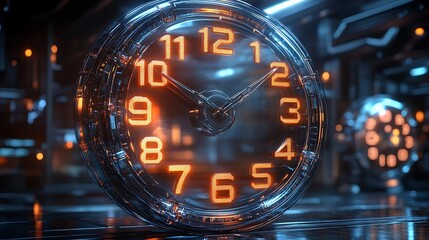 Digital clock symbolizing time as money on a black background with speedometer and technology elements