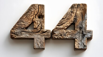 A number "4" carved from raw, weathered wood with visible grain patterns and knots. The rustic, earthy texture contrasts beautifully with the pristine white background, evoking a natural, organic