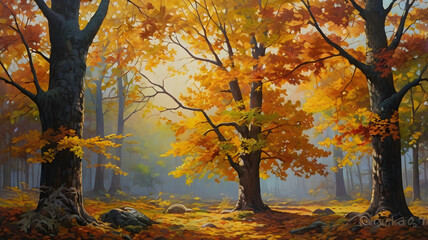 A lively autumn forest is portrayed with trees decorated in vibrant foliage, forming a harmonious blend of warm colors contrasting with cool forest ...