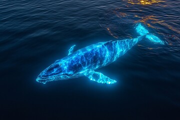 Naklejka premium Majestic blue whale gliding through tranquil ocean waters at dusk illuminating the surroundings