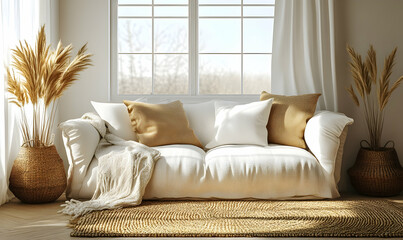 Sunlit living room with comfy white couch, textured rug, and dried pampas grass in woven baskets.  Cozy and minimalist interior design