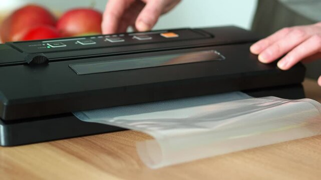 Vacuum sealer kitchen gadget. Vacuum packer with a plastic bag on the kitchen table. The vacuum sealer seals the bag. Bag sealer