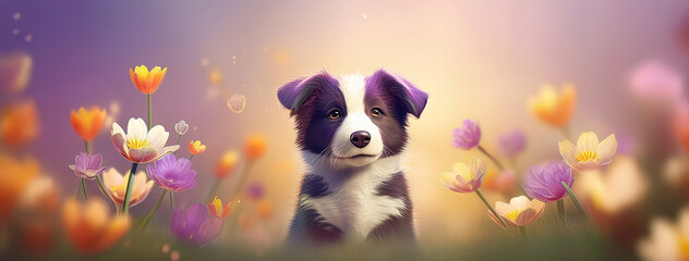 Fantastic, bright and colorful landscape with border collie puppy dog ​​in a field of flowers