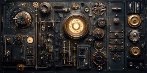 Fototapeta premium Elaborate mechanical panel with gears and dials creates a steampunk design