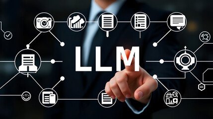 LLM (Large Language Model) technology to analyse and generate text with icons of AI computing, machine learning, data analysis, big data, document analysis, chatbot. Businessman touching icon.