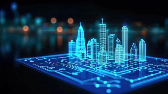 Blue circuit board with digital holographic buildings and skyscrapers, representing BIM modeling, Advanced building information and architecture technology