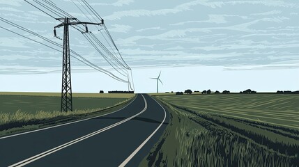 Fototapeta premium Expansive Countryside Road Leading Towards a Windmill Under a Cloudy Sky with Powerlines in a Tranquil Landscape