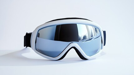 Sleek ski goggles reflecting winter forest scene against pristine backdrop