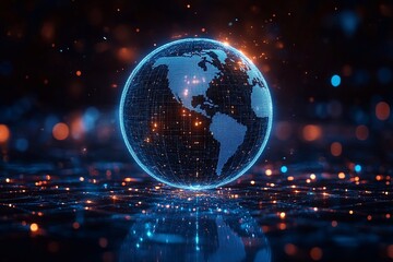 Digital globe representation with glowing connections and data points in a virtual space