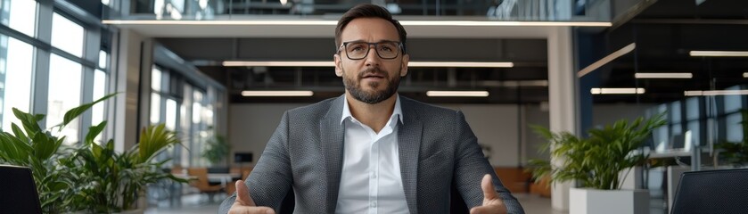 Fototapeta premium A Confident entrepreneur presenting smart solutions in modern office setting, showcasing professionalism and innovation. Engaging atmosphere with greenery and natural light