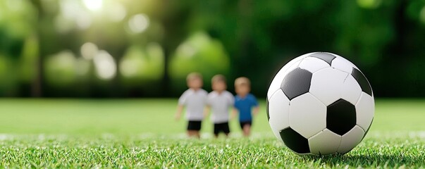 A Children playing soccer on sunny day, enjoying lively game with soccer ball on grass