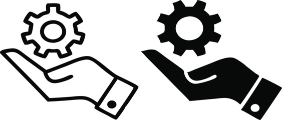 Gear in hand icon. Cogwheel symbol. Flat and line icons. Vector