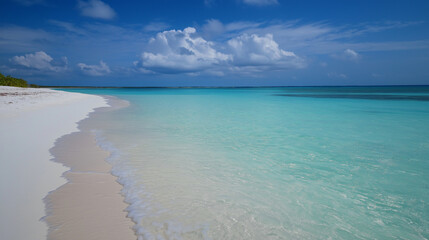 Traumhafter tropischer Strand mit t&uuml;rkisblauem Meer, wei&szlig;em Sand und dramatischem Wolkenhimmel. Paradiesische K&uuml;stenlandschaft in unber&uuml;hrter Natur ohne Menschenspuren