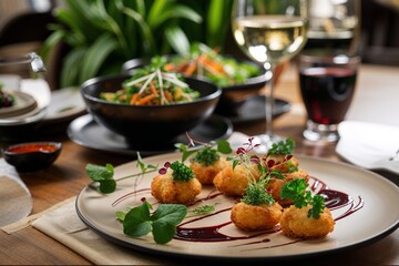 Croquettes, Appetizer, Gourmet Bites, Fried Food, Plated Dish, Restaurant Meal, Food Photography, Close Up, Elegant Plating, Party Food, Delicious Bites, Culinary Art