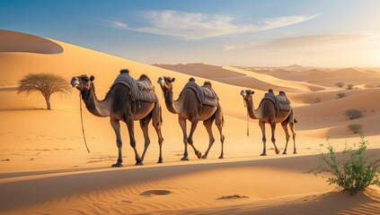 Camel Caravan Crossing Golden Desert Dunes at Sunset