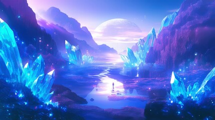 Fototapeta premium Surreal Crystal Landscape with Lone Figure Under a Giant Moon