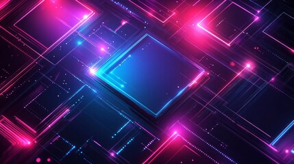 Obraz premium Colorful light beams dance over a dark background, forming interlocking rectangles and squares that pulsate with energy, revealing a mesmerizing digital landscape
