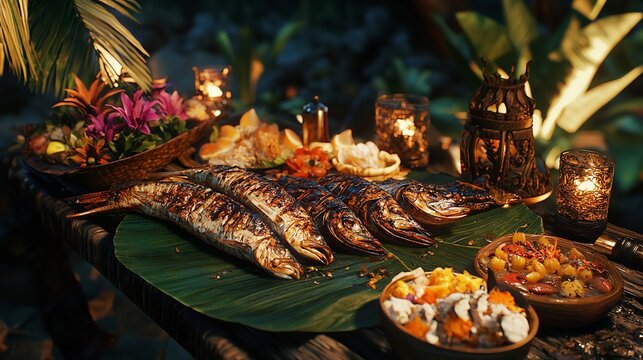 A Sumptuous Polynesian Feast Featuring Grilled Fish, Taro, and Traditional Sides.