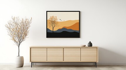 Autumnal Landscape: Minimalist Digital Art Print in Modern Home Setting AI Generated