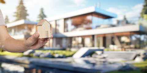 People holding house models, concept of buying, selling, renting houses, paying off houses.