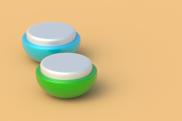 Two body care cream jars on beige background. Modern container with moisturizer, sunscreen or cleanser gel. Cosmetic product. Copy space. 3d render