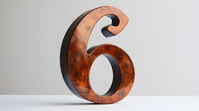 A rich, burnished copper number "6" with a warm metallic finish, standing in the center of a white background. The surface of the copper is textured with faint scratches and natural aging, giving it - Powered by Adobe