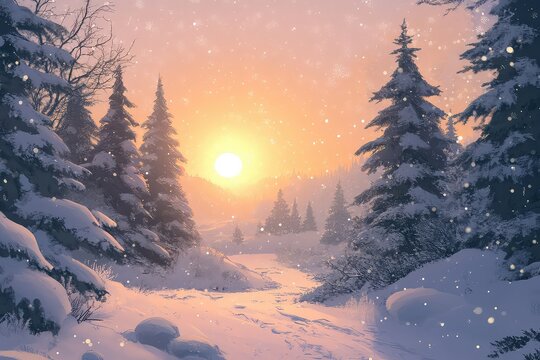 A magical winter scene with snow-covered pine trees and a glowing sunset. - Powered by Adobe