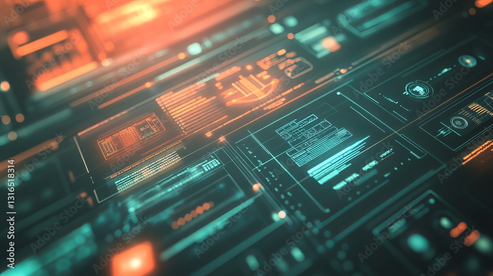 Poster abstract digital interface futuristic technology background modern neon orange teal screen data netw