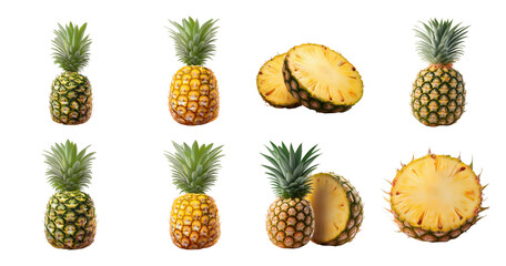 Fresh Pineapple Fruits Whole and Sliced for Culinary Use and Design, PNG bundle collection, Isolated on Transparent Background