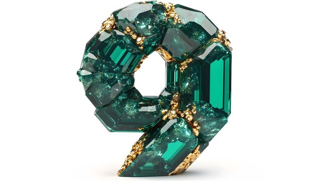 A luxurious number "9" made from a combination of deep emerald gemstones and gold. The emerald is cut with precision, and the gold accents shine as light hits them. The contrast of rich green and