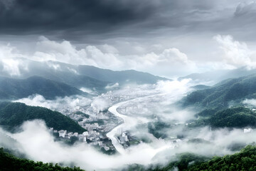 Misty River Valley Cityscape: A Breathtaking Aerial View of a City Nestled Amongst Lush Green Mountains and Enveloped in White Fog, Creating a Serene and Dramatic Landscape.